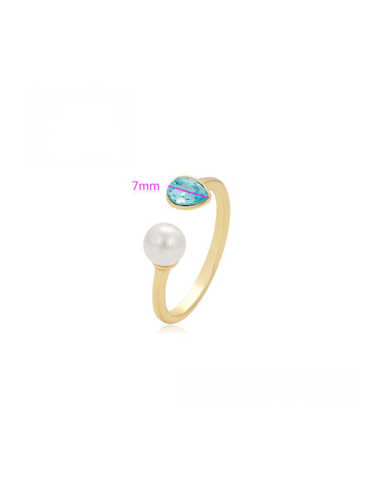 Chrysothemiss Women's Ring Ocean Whisper Aqua Zircon & Pearl Gold Plated 14k Gold
