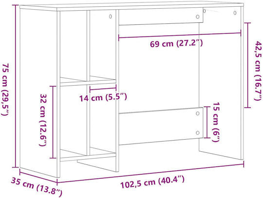 Γραφείο Ξύλινο Μαύρο Δρυς 102.5x35x75εκ.