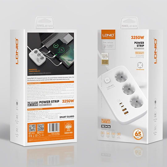 Ldnio Πολύπριζο 3 Θέσεων με 2 USB-A, 2 USB-C, Διακόπτη και Καλώδιο 1.2m Αγγλίας (Type G)