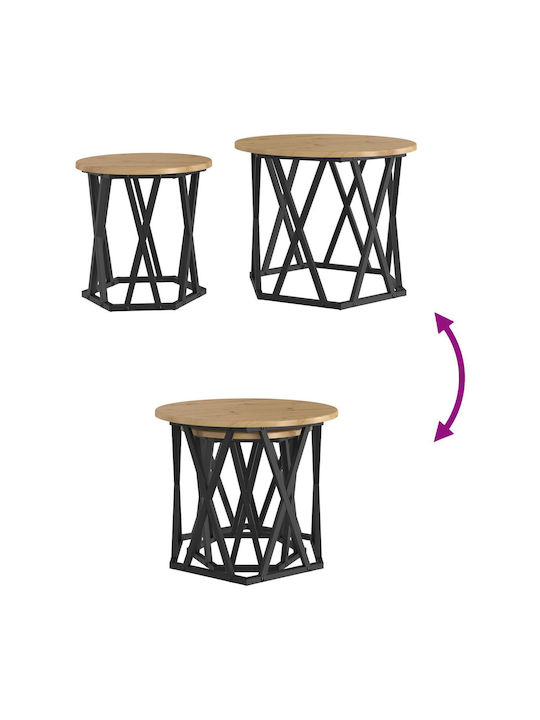 Round Side Table Set of 2 Made of Solid Oak Wood M50xD50cm