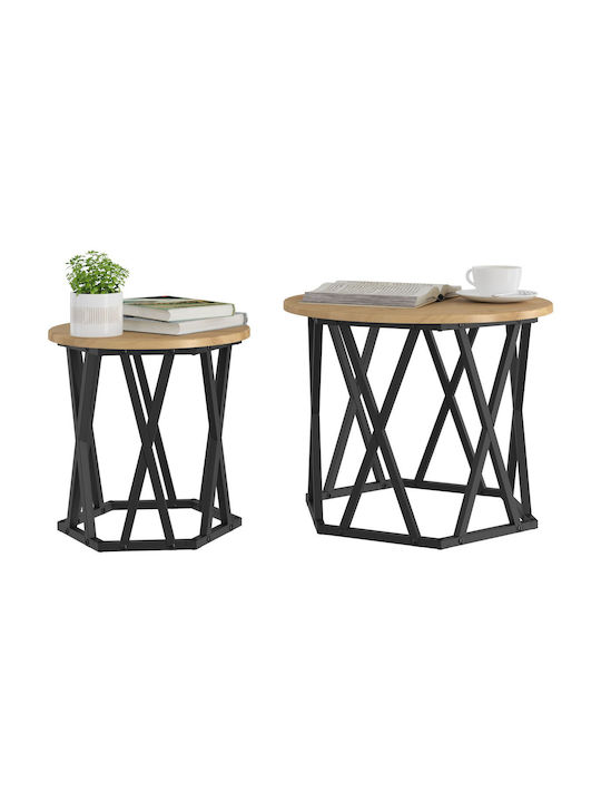 Round Side Table Set of 2 Made of Solid Oak Wood M50xD50cm