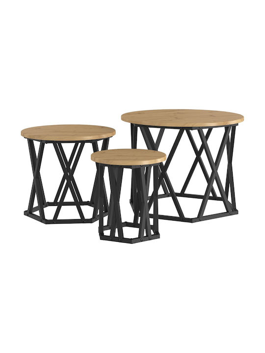 Round Side Table Set of 3 Made of Solid Oak Wood 53x53 cm
