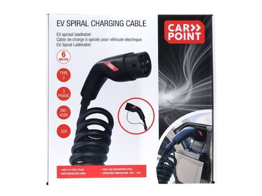 Carpoint Electric Vehicle Spiral Charging Cable Type2>2 32a 3ph 6 Meter 0290014