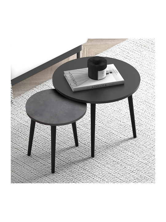 Round Side Coffee Table Roma Made of Solid Wood Black - Grey Retro 2 Pieces W60xL60xH46cm