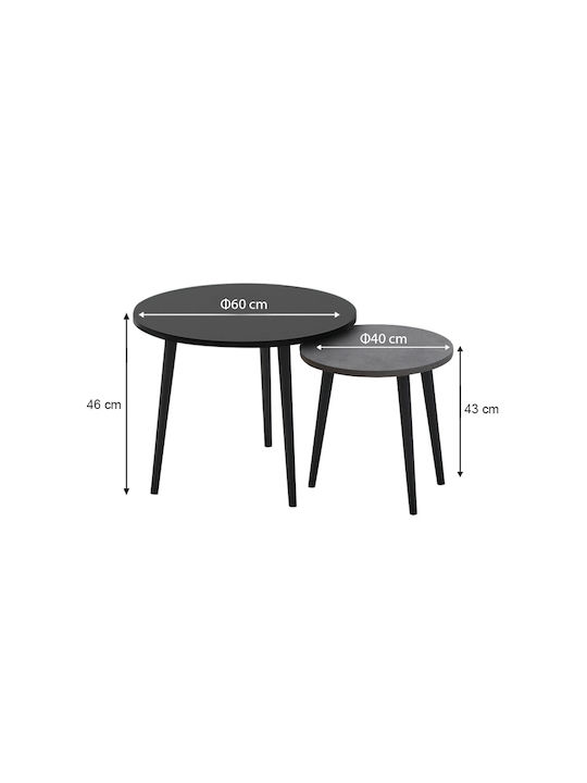 Round Side Coffee Table Roma Made of Solid Wood Black - Grey Retro 2 Pieces W60xL60xH46cm