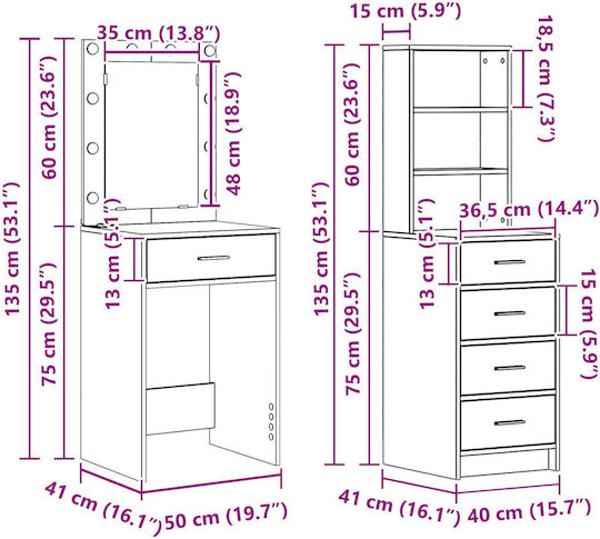 Bodenstehende Schminktisch Schlafzimmer Holz Grau mit Spiegel 50x41x135cm