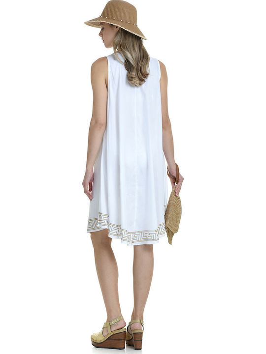 Miandmi Γυναικείο Φόρεμα Αμάνικο, Χρυσό Μαίανδρο Λευκό