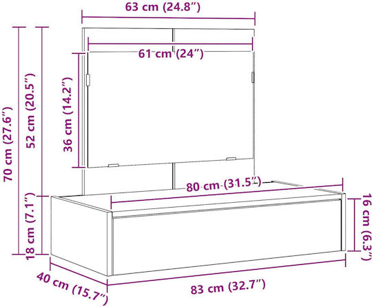 Стенна Спална Тоалетна Дървена Сонома Бреза с Огледало 83x40x70см