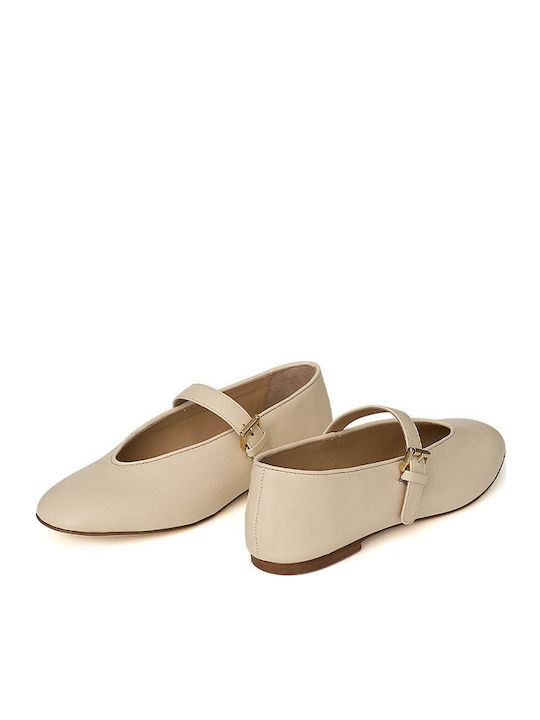 Leather Ballerinas With strap Beige