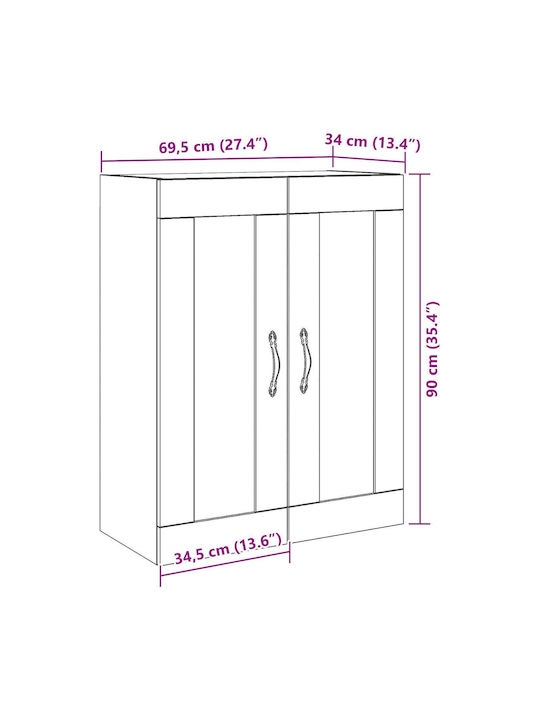 Wand Wohnzimmer Vitrine aus MDF mit Glas Black Oak 69.5x34x90cm