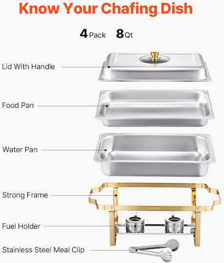 Set bufet dreptunghiular Vevor 8 Qt 4 bucăți, dimensiune completă, oțel inoxidabil