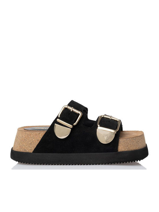 Leather Women's Flat Sandals in Black Color