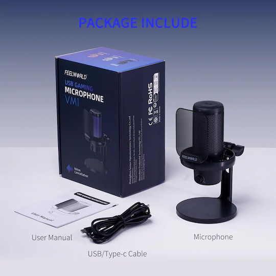 FeelWorld VM1-XS Кондензатор (Малка диафрагма) Микрофон USB Настолен за Вокали в Черен Цвят