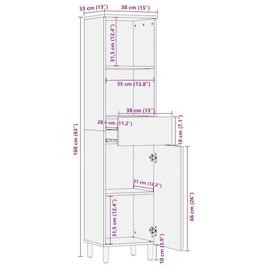 vidaXL Bathroom Floor Column M38xW33xH160cm Natural Wood