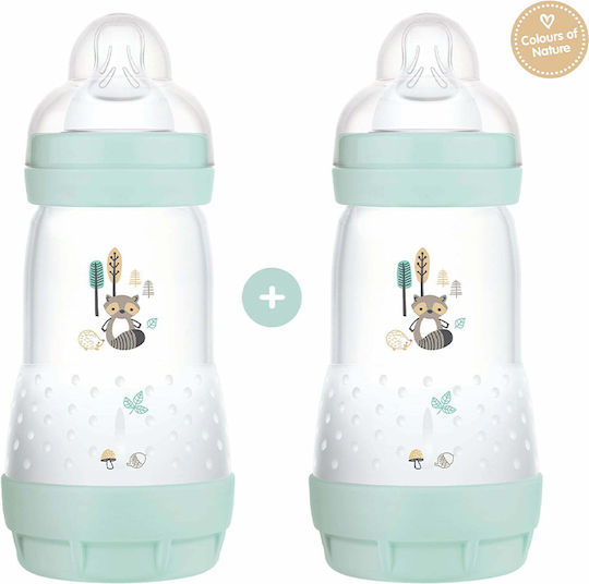 Mam Plastic Baby Bottle Set Easy Start Anti-Colic with Silicone Nipple for 2+ months Turquoise Raccoon 260ml 2pcs