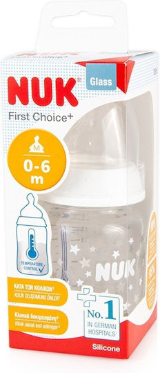 Nuk Glass Baby Bottle First Choice+ Anti-Colic with Silicone Nipple for 0-6 months White Stars - White Grey 120ml