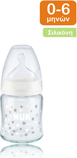 Nuk Glass Baby Bottle First Choice+ Anti-Colic with Silicone Nipple for 0-6 months White Stars - White Grey 120ml