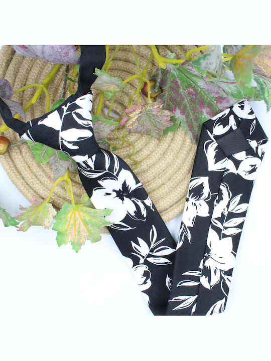 Damenkrawatte mit Blumenmuster Schwarz Weiß Vorgebunden