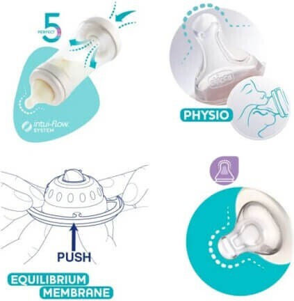 Chicco Sticlă de Plastic pentru Bebelusi Perfect 5 Anti-Colici cu Tetină din Silicon pentru 4+ luni White Mangekyu 300ml