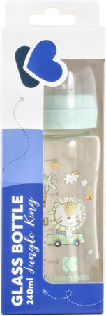 Kikka Boo Glass Baby Bottle Anti-Colic with Silicone Nipple for 3+ months Transparent Jungle King - Mint 240ml