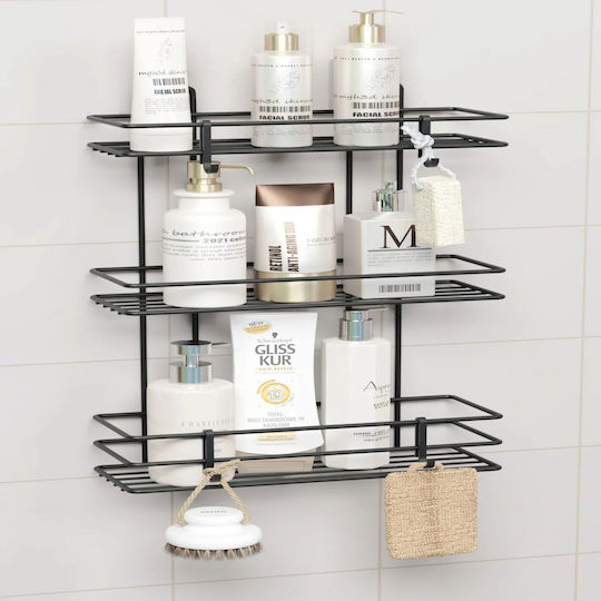 Femmit Wandmontiertes Metall-Schnappregal für das Badezimmer 3 Regalböden 4 Haken 10x25x48 cm Elektrostatische schwarze matte Oberfläche