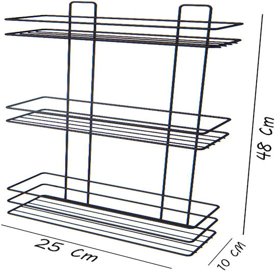 Femmit Wandmontiertes Metall-Schnappregal für das Badezimmer 3 Regalböden 4 Haken 10x25x48 cm Elektrostatische schwarze matte Oberfläche