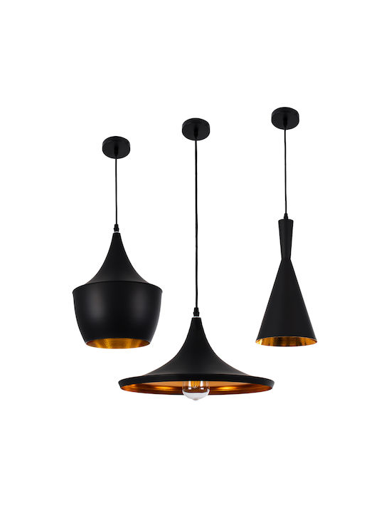 Shanghai Black & Gold Bell Pendant Ceiling Light with E27 Socket 01025 - Set of 3 Pieces
