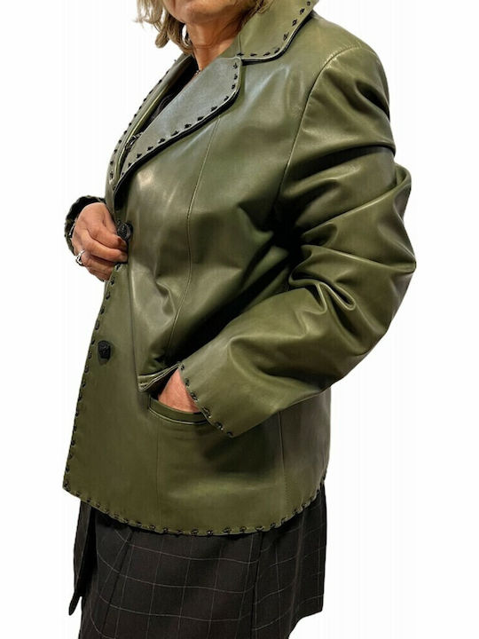 MARKOS LEATHER Κοντό Γυναικείο Δερμάτινο Μεσάτο Σακάκι Πράσινο