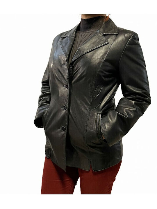 MARKOS LEATHER Γυναικείο Δερμάτινο Μεσάτο Σακάκι Μαύρο