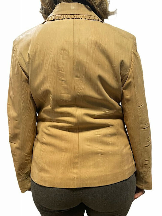 MARKOS LEATHER Γυναικείο Δερμάτινο Μεσάτο Σακάκι ταμπά