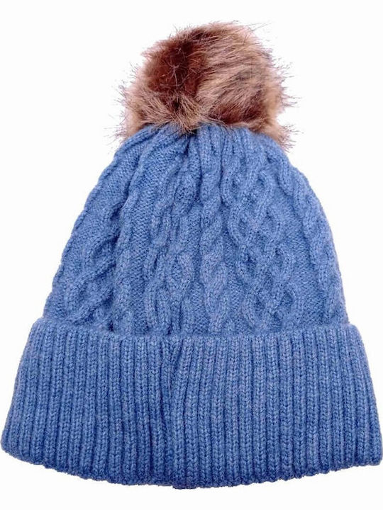 Pom Pom Beanie Frauen Beanie mit Strickmuster in Blau Farbe