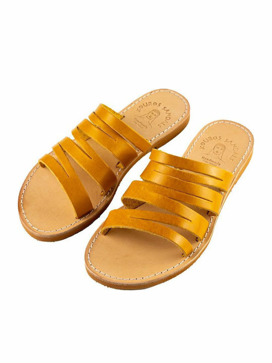 Leather Women's Flat Sandals in Yellow Color