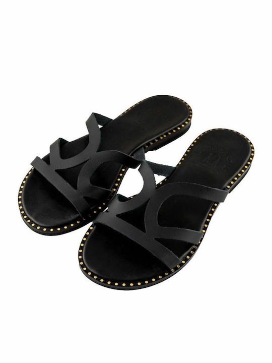 Leather Women's Flat Sandals in Black Color