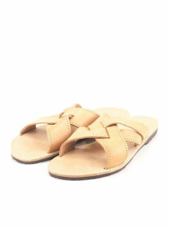 Leather Women's Flat Sandals in Beige Color