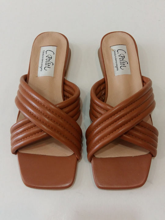 Leather Women's Flat Sandals Anatomic in Tabac Brown Color