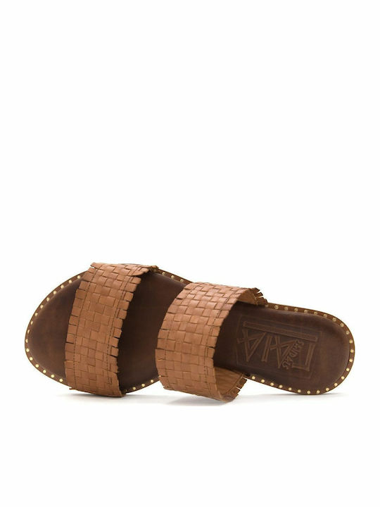 Leather Women's Flat Sandals in Tabac Brown Color