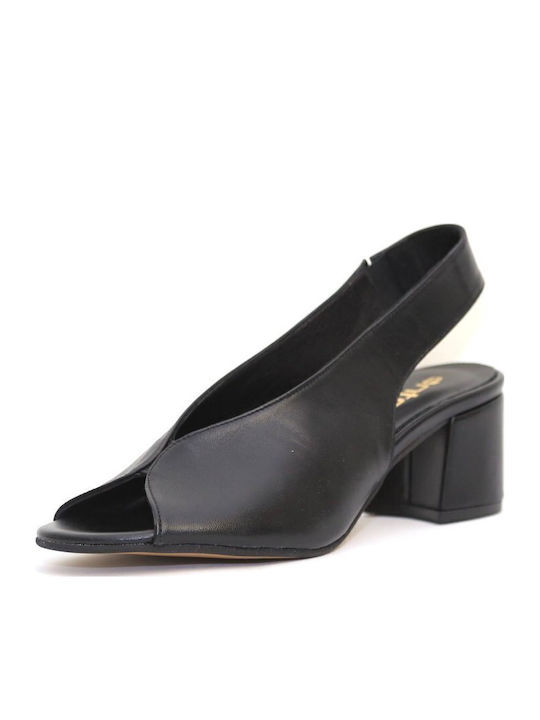 Δερμάτινες Peep Toe Γόβες με Λουράκι & Χαμηλό Τακούνι Μαύρες