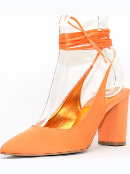 Leather Orange Medium Heels with Strap