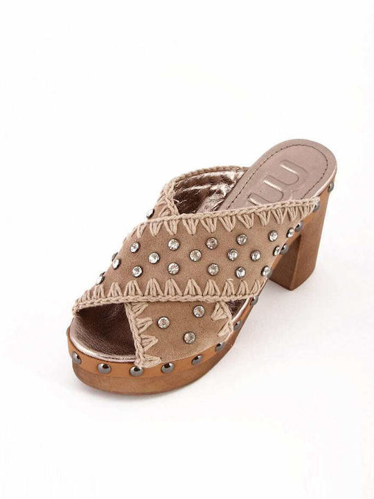 Leder Mules mit Chunky Hoch Absatz in Beige Farbe