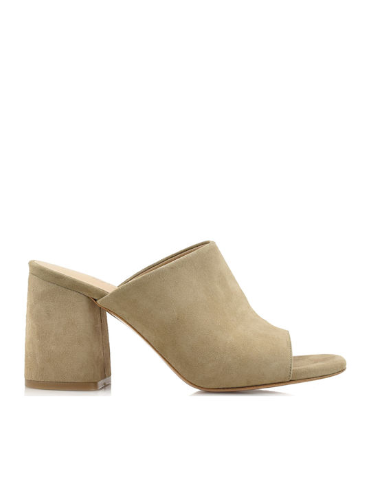 Dot Shoes Δερμάτινα Mules με Χοντρό Ψηλό Τακούνι σε Μπεζ Χρώμα