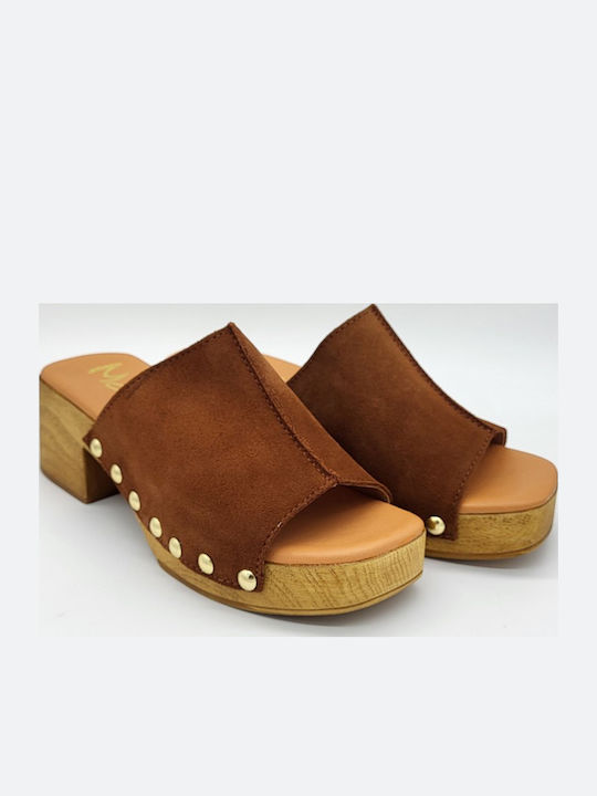 Leather Mules with Chunky High Heel in Tabac Brown Color