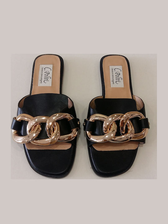 Leather Women's Flat Sandals in Black Color