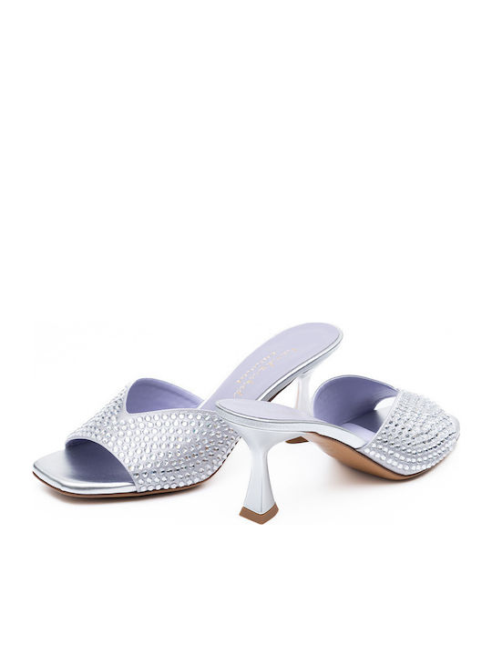 Leather Mules with Chunky High Heel in Silver Color