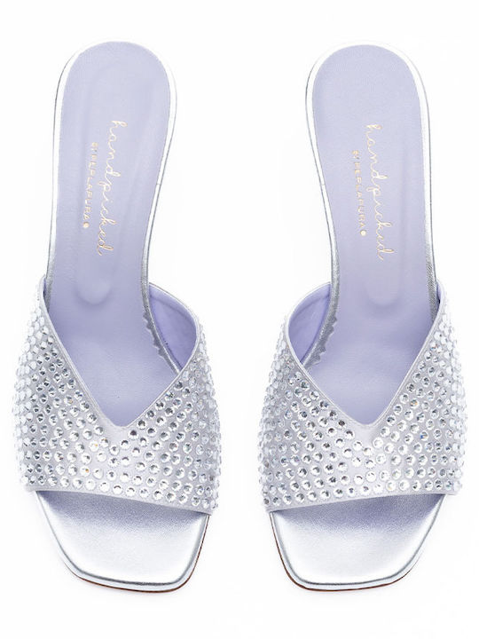 Leather Mules with Chunky High Heel in Silver Color