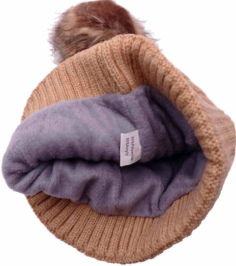 Pom Pom Beanie Γυναικείος Σκούφος με Πλεξούδες σε Καφέ χρώμα