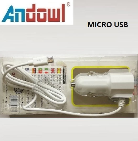 Andowl M2-0317A1 Φορτιστής Αυτοκινήτου 3.1A με μία Θύρα: 1xUSB μαζί με Καλώδιο Micro-USB Λευκό Χρώμα