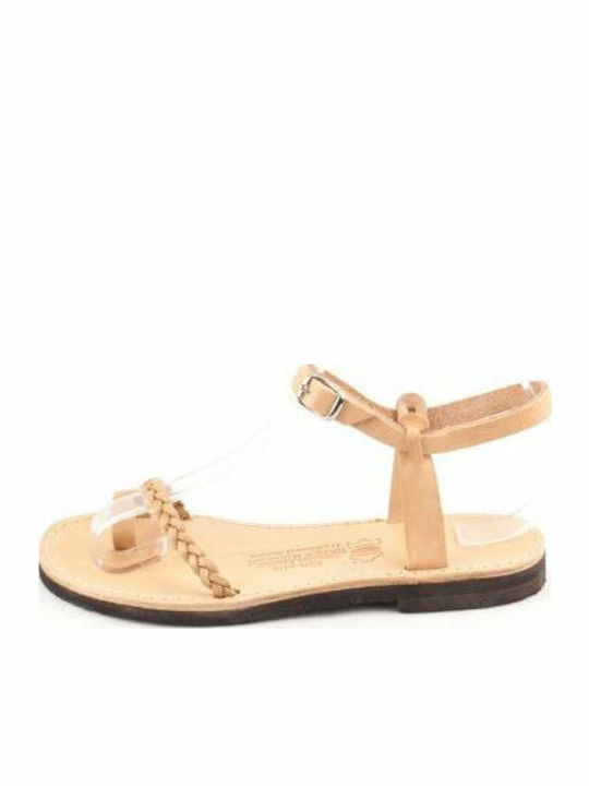 Leather Women's Flat Sandals with Strap in Beige Color