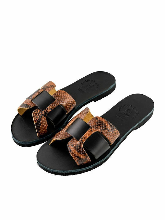 Leather Women's Flat Sandals Brown