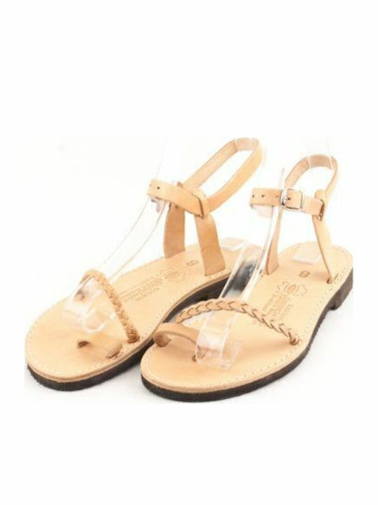 Leather Women's Flat Sandals with Strap in Beige Color