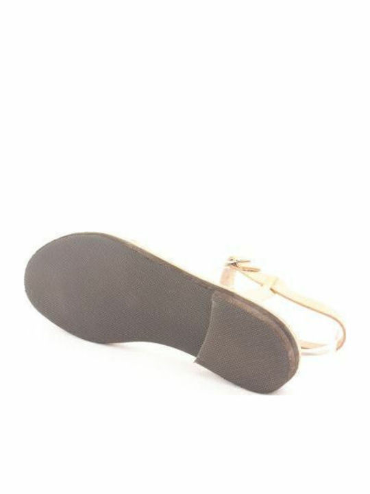 Leather Women's Flat Sandals with Strap in Beige Color